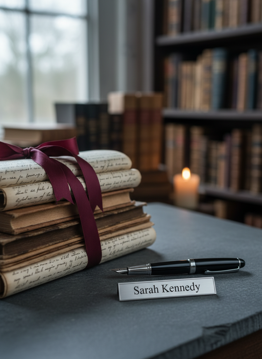 A meticulously arranged stack of fantasy manuscripts bound with a deep burgundy ribbon, set at a slight angle atop a slate-gray stone surface. Beside the stack, a closed fountain pen with a polished obsidian barrel and silver nib rests parallel to a minimal, engraved metal nameplate reading “Sarah Kennedy” in elegant serif type. Cool, overcast window light streams from the left, creating refined, soft shadows and delicate highlights along the pen and nameplate. In the blurred background, tall shelves of leather-bound books and a single flickering candle create subtle bokeh. Photographic realism, captured from a slightly elevated angle with balanced composition, evoking a sophisticated, professional author brand image.
